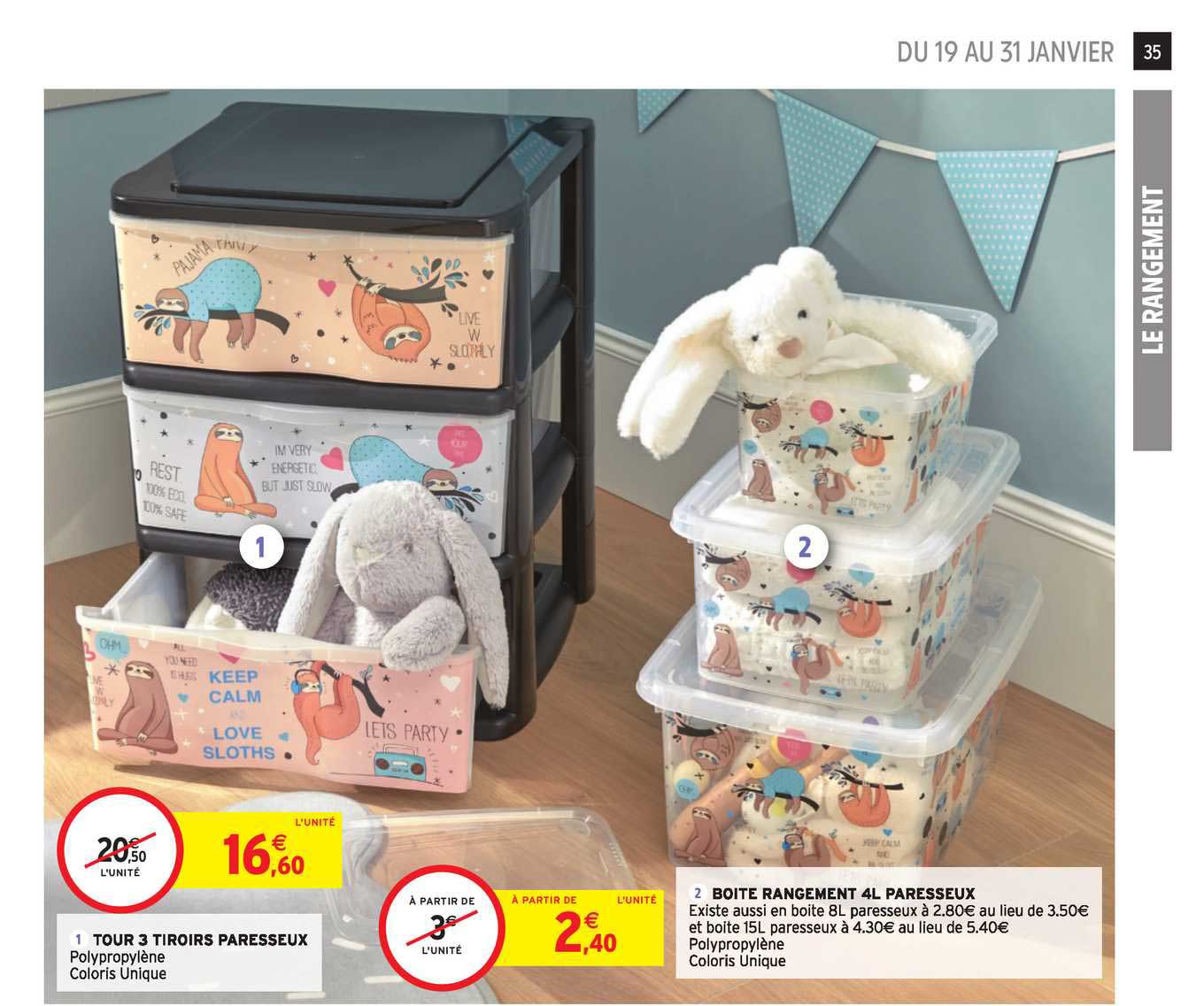 tour 3 tiroirs paresseux, boîte rangement 4 l paresseux