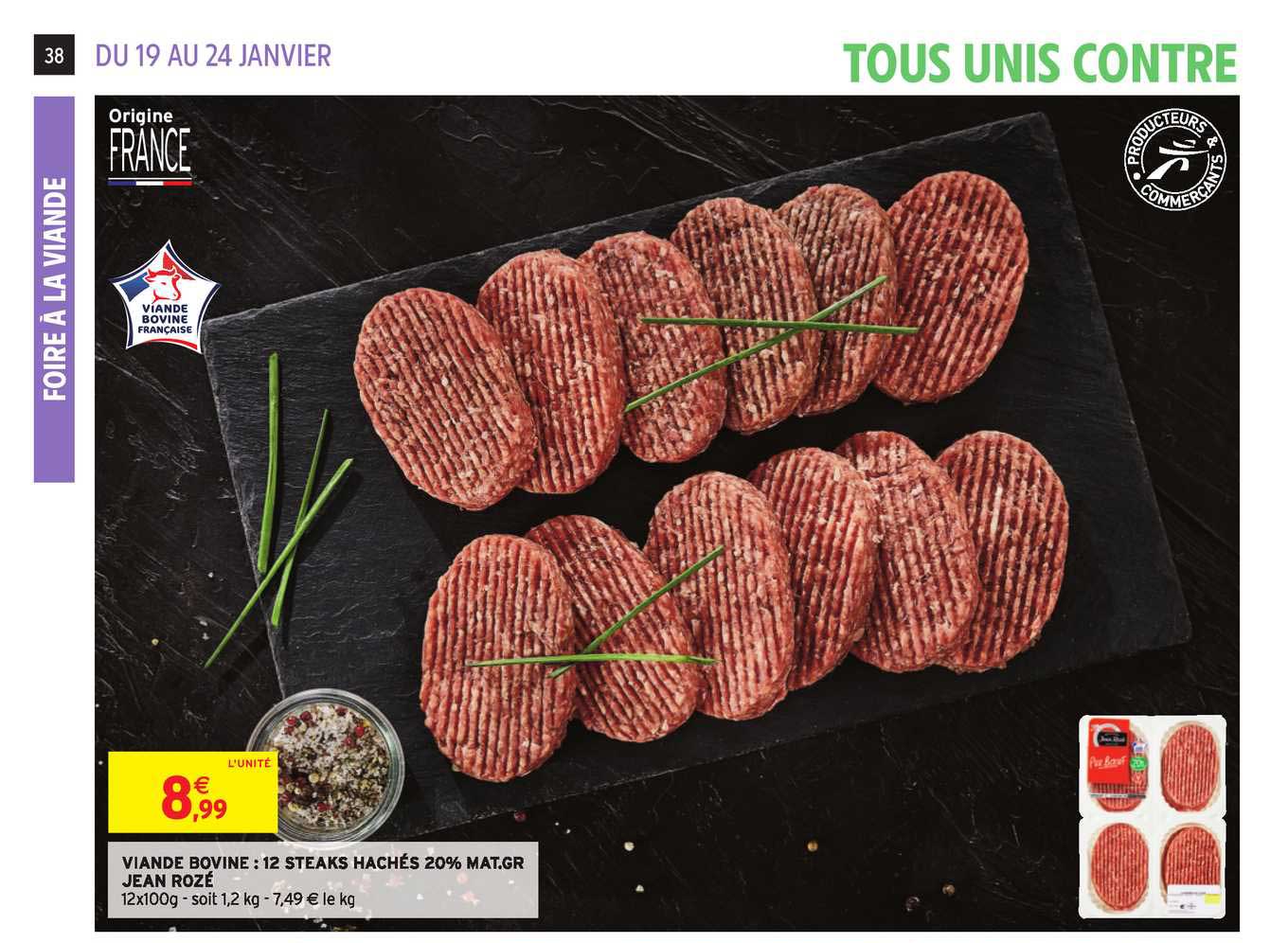 viande bovine : 12 steaks hachés 20% mat.gr jean rozé