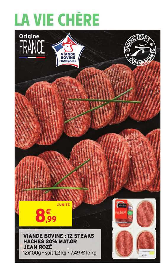 viande bovine : 12 steaks hachés 20% mat.gr jean rozé