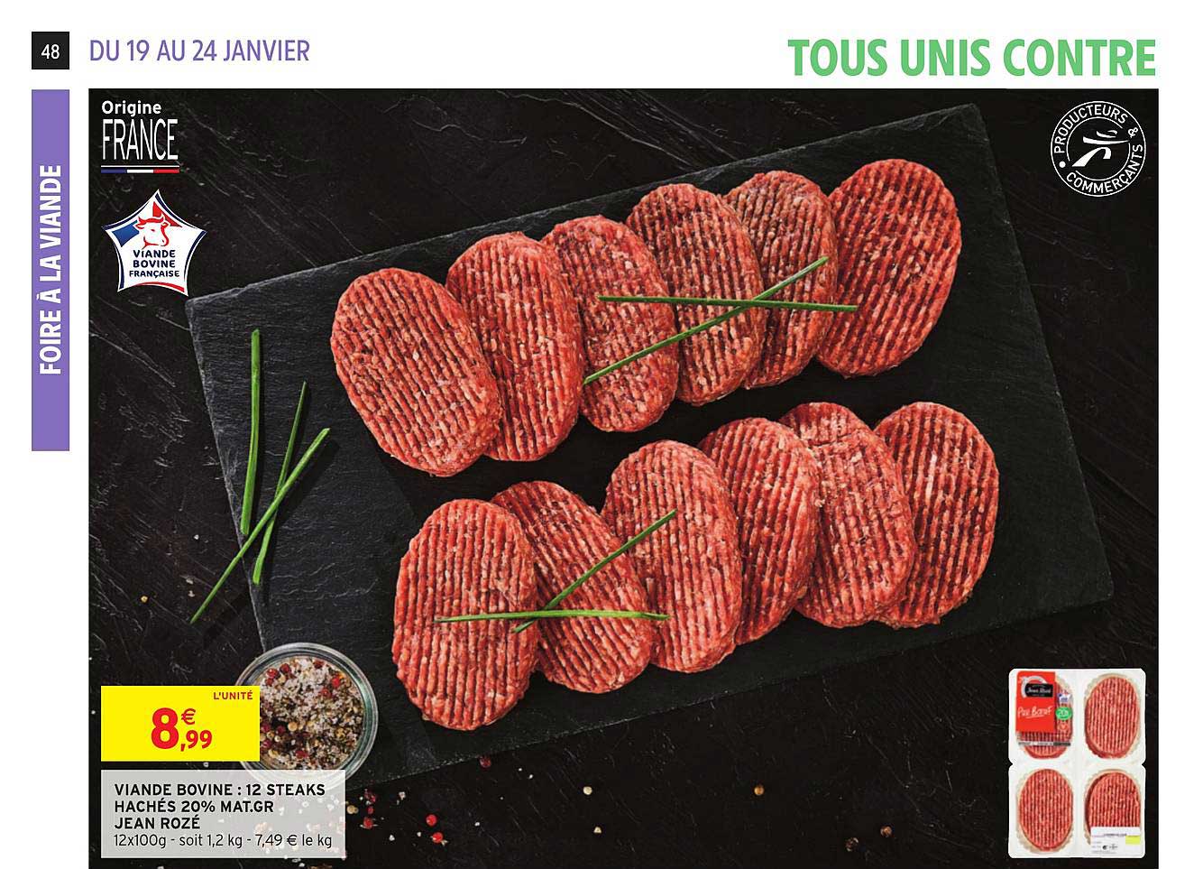 viande bovine 12 steaks hachés 20% mat. gr jean rozé