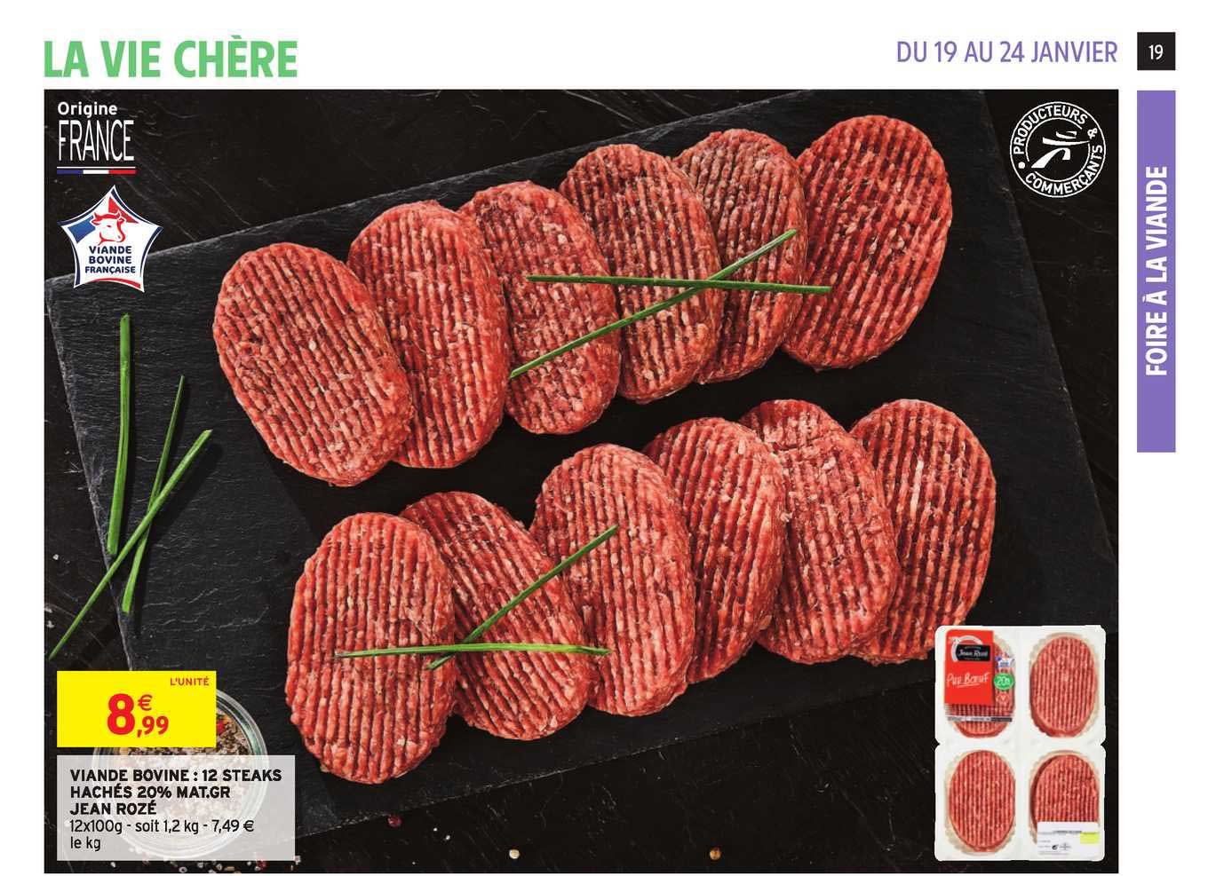 viande bovine 12 steaks hachés 20% mat. gr jean rozé