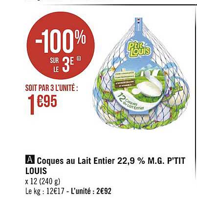 coques au lait entier 22,9% m.g. p'tit louis