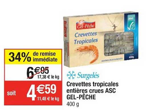 crevettes tropicales entières crues asc gel-pêche