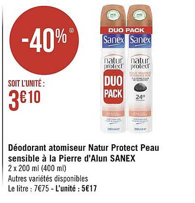 déodorant atomiseur natur protect peau sensible à la pierre d'alun sanex