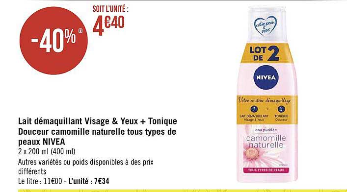 lait démaquillant visage & yeux + tonique douceur camomille naturelle tous types de peau nivea