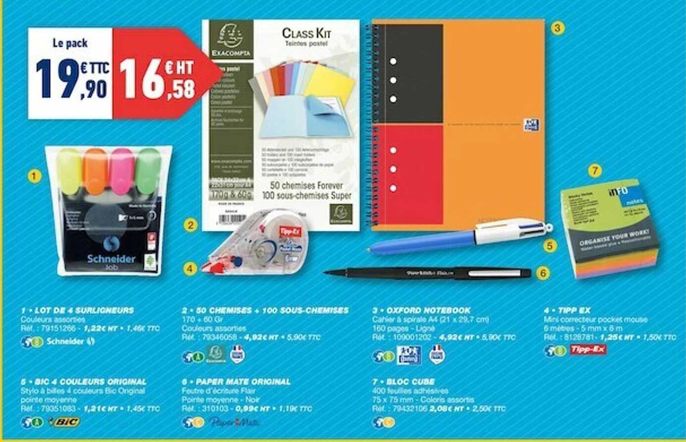 lot de 4 surligneurs, 50 chemises + 100 sous-chemises, oxford notebook, tipp ex, bic 4 couleurs original, paper mate original, bloc cube