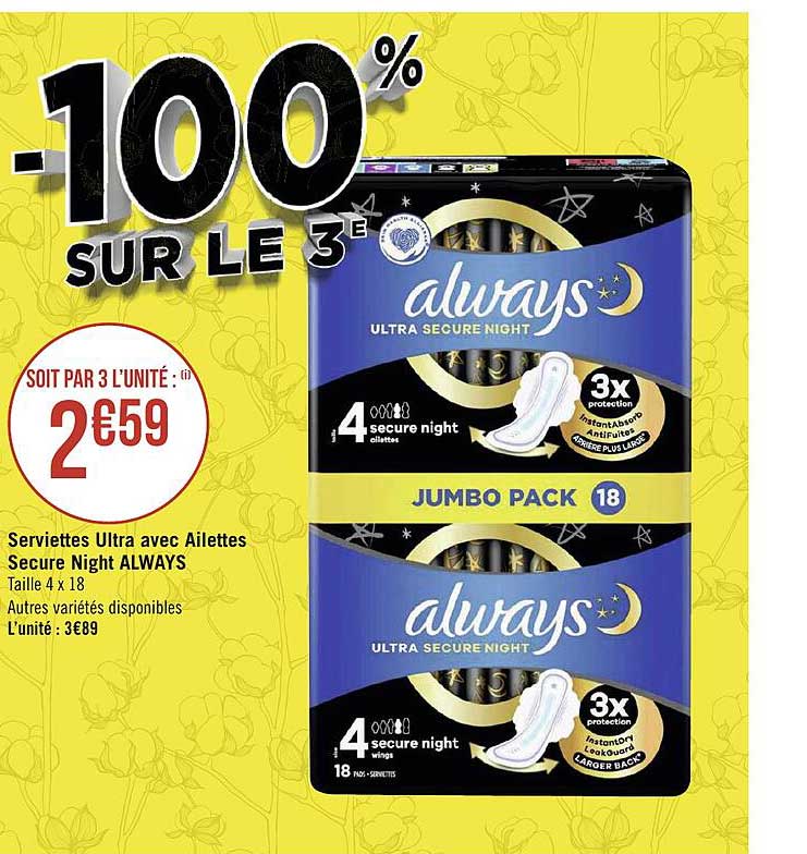 serviettes ultra avec ailettes secure night always