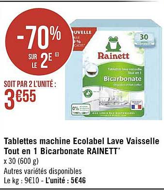 tablettes machine écolabel lave vaisselle tout en 1 bicarbonate rainett
