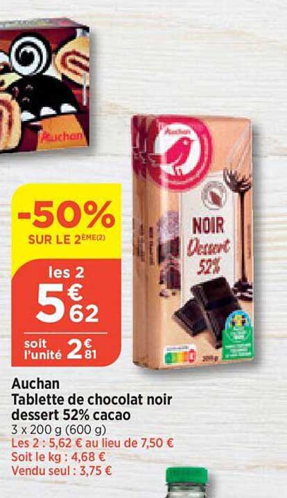 Auchan Tablette De Chocolat Noir Dessert 52% Cacao