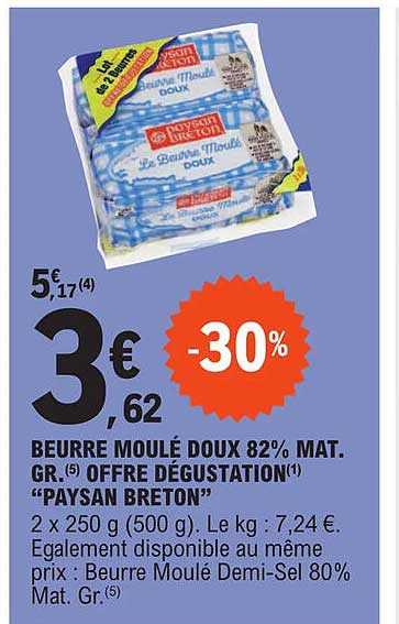 beurre moulé doux 82% mat. gr. offre dégustation "paysan breton"