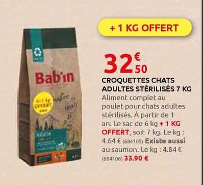 croquettes chats adultes stérilisés 7 kg bab'in