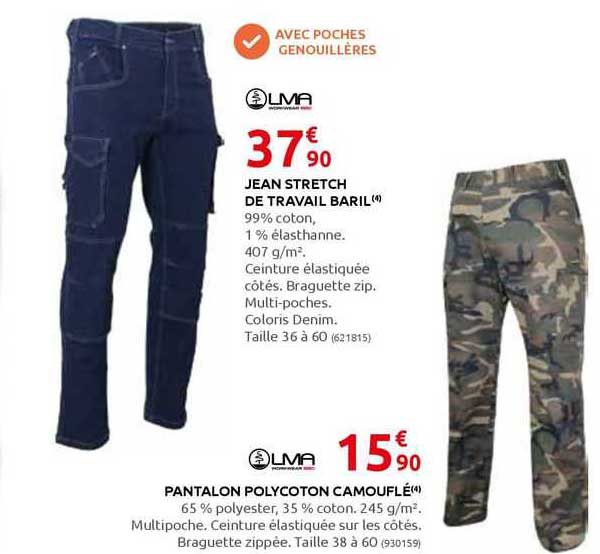 jean stretch de travail baril, pantalon polycoton camouflé lma