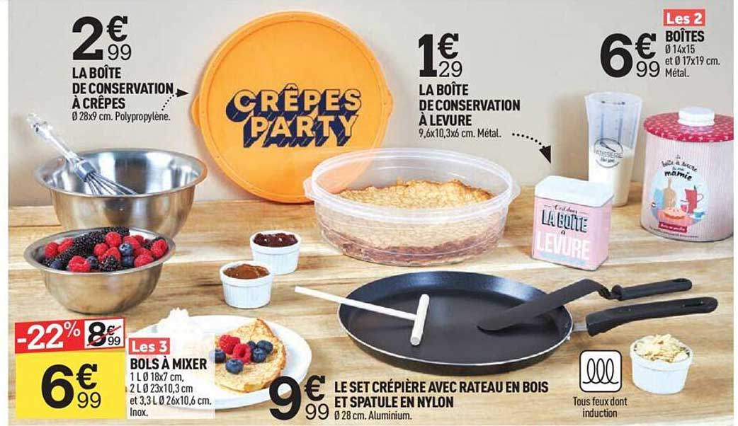 la boîte de conservation à crêpes, la boîte de conservation à levure, bols à mixer, boîtes, le set crêpière avec râteau en bois et spatule en nylon