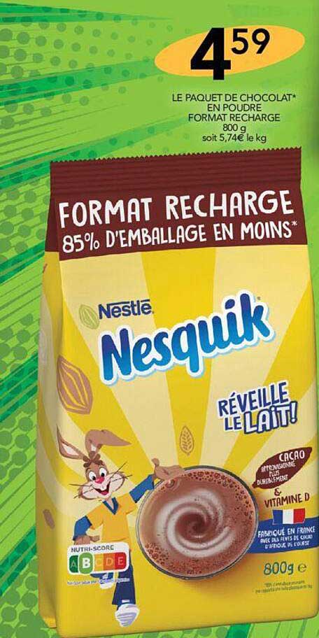 le paquet de chocolat en poudre format recharge nestlé nesquik