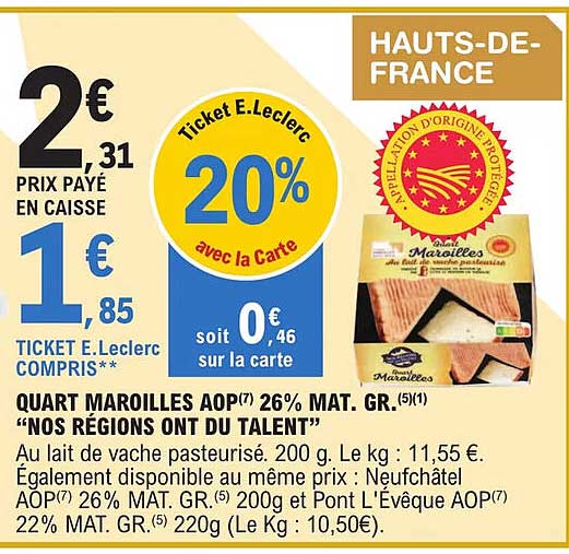 quart maroilles aop 26% mat. gr. "nos régions ont du talent"