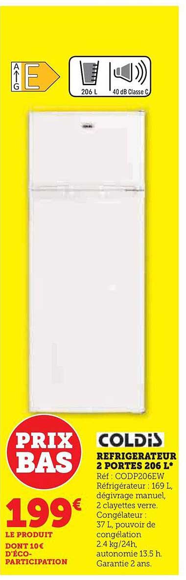 réfrigérateur 2 portes 206 l coldis