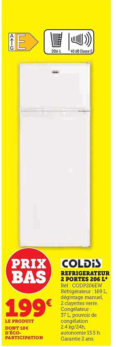 réfrigérateur 2 portes 206 l coldis
