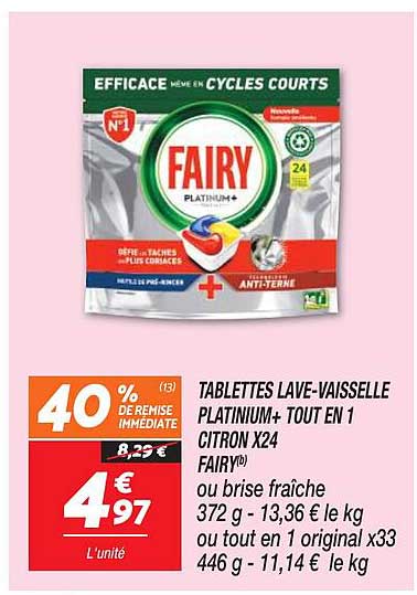 tablettes lave-vaisselle platinum+ tout en 1 citron x24 fairy