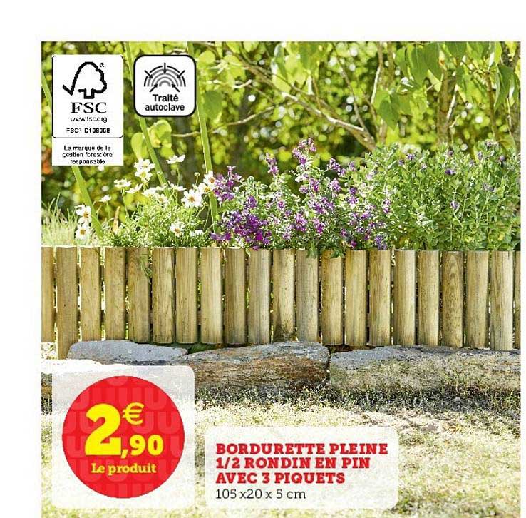 Bordurette Pleine 1 2 Rondin En Pin Avec 3 Piquets