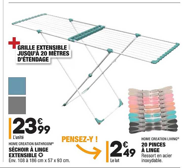 Séchoir à Linge Extensible Home Creation Bathroom, 20 Pinces à Linge Home Creation Living