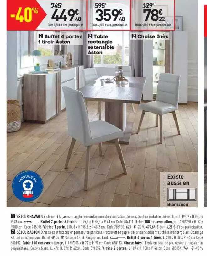 buffet 4 portes 1 tiroir aston, tale rectangle extensible aston, chaise inès