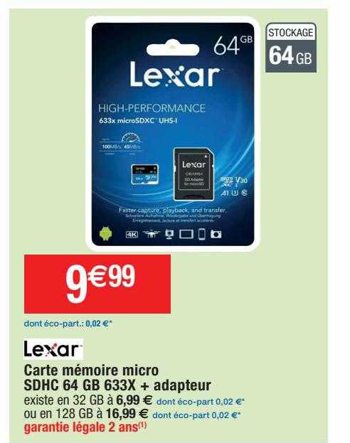 carte mémoire micro sdhc 64 gb 633x + adapteur lexar