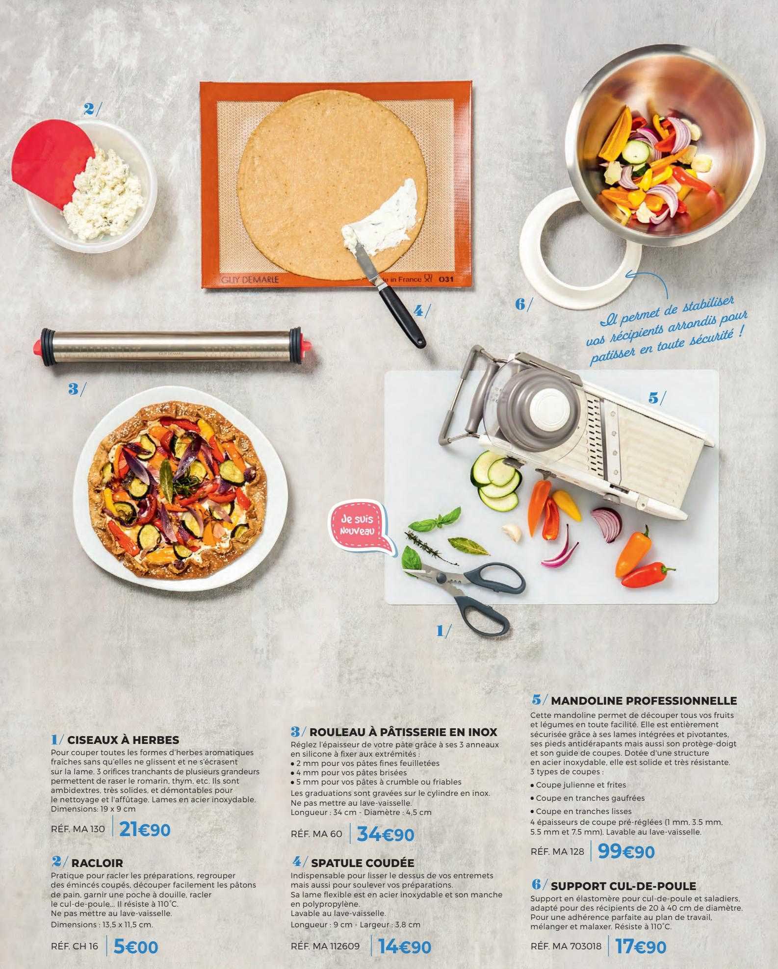 ciseaux à herbes, racloir, rouleau à pâtisserie en inox, spatule coudée, mandoline professionnelle, support cul-de-poule