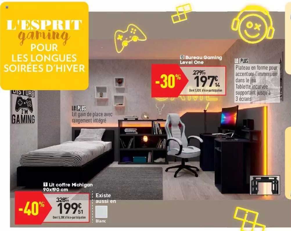 lit coffre michigan 90 x 190 cm, bureau gaming level one