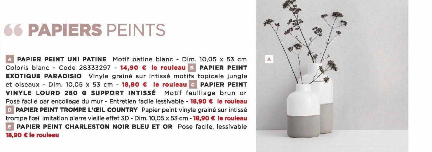 papiers peints uni patine, papier peint exotique paradisio, papier peint vinyle lourd 280 g support intissé, papier peint trompe l'oeil country, papier peint charleston noir bleu et or