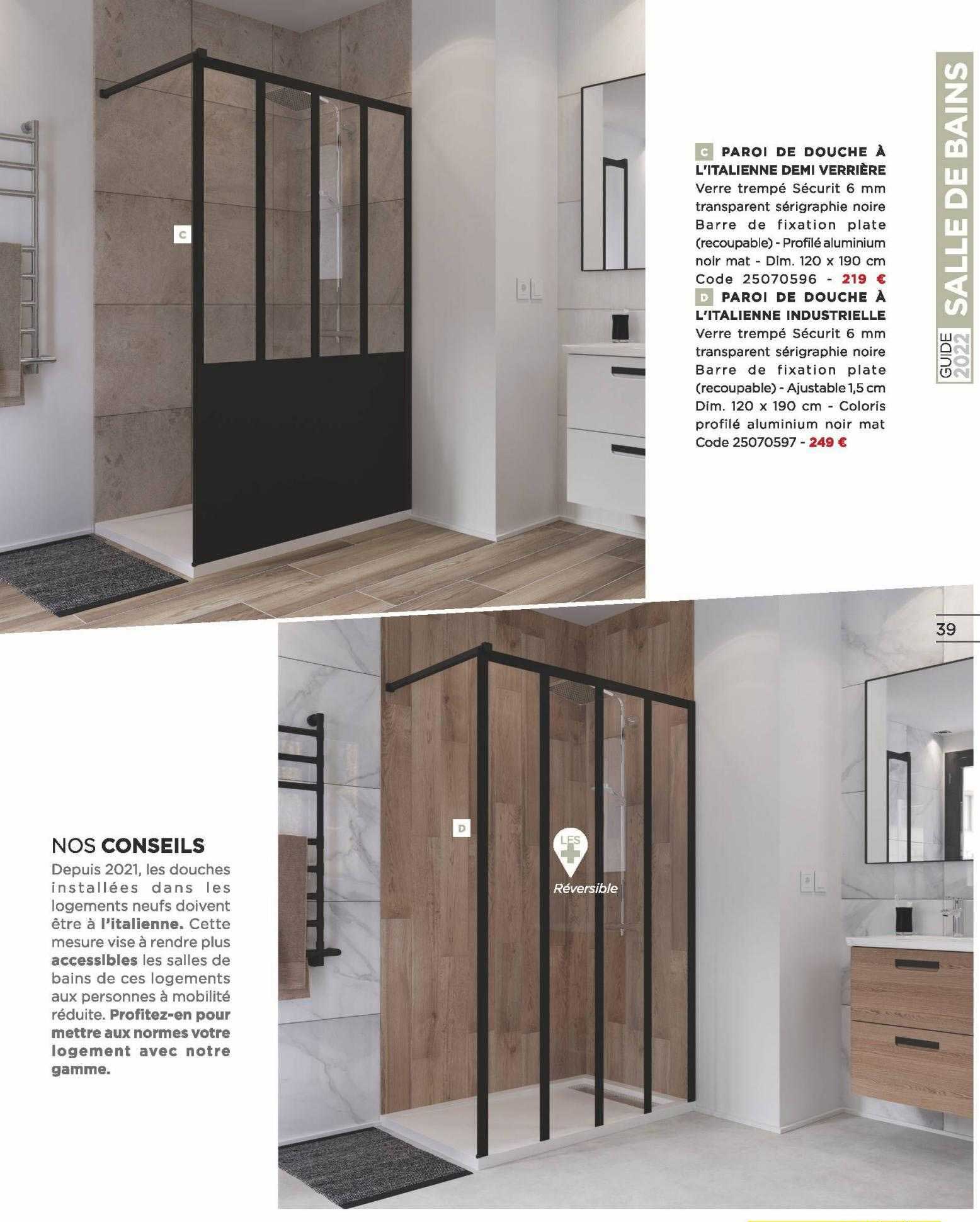 paroi de douche à l'italienne demi verrière, paroi de douche à l'italienne industriel