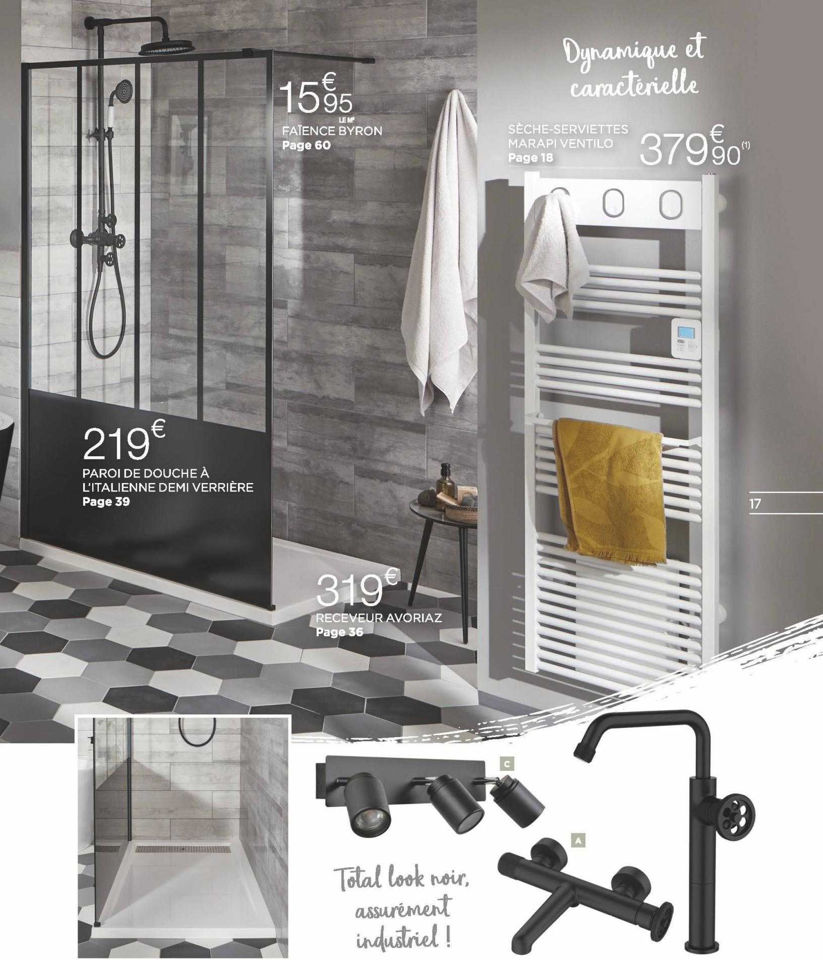 paroi de douche à l'italienne demi verrière, sèche-serviettes marapi ventilo