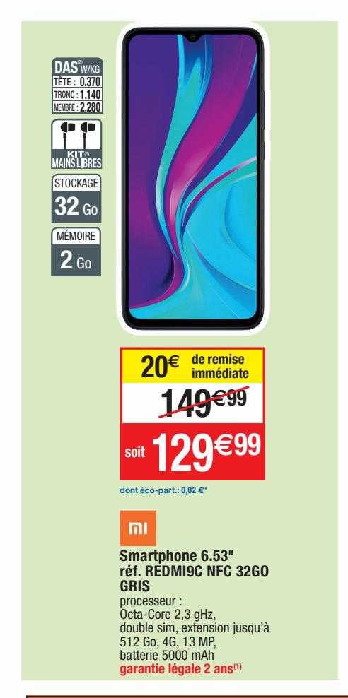 smartphone 6.53" redmi9c nfc 32go gris