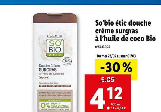 so'bio étic douche crème surgras à l'huile de coco bio