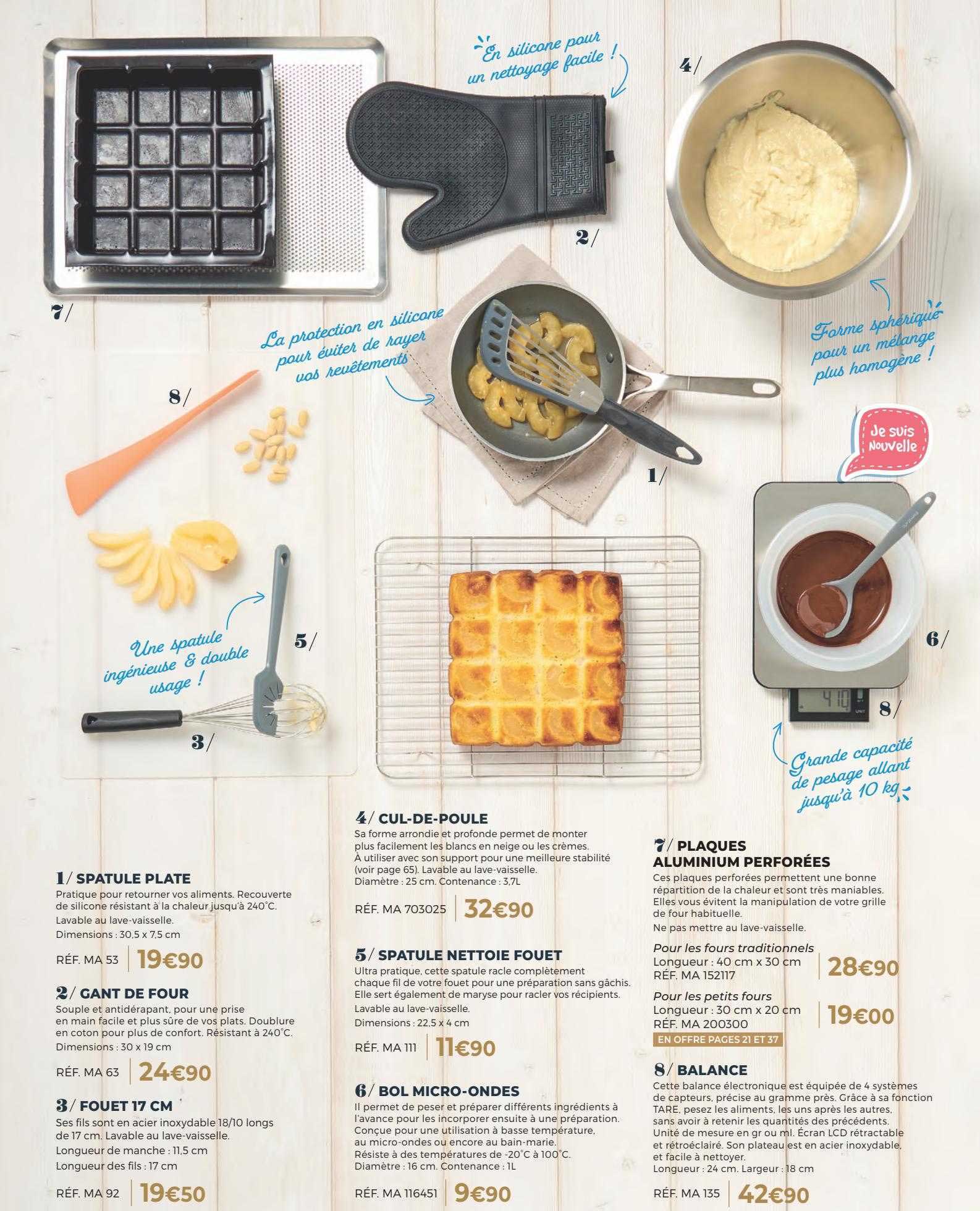 spatule plate, gant de four, fouet 17 cm, cul-de-poule, spatule nettoie fouet, bol micro-ondes, plaques aluminium perforées, balance