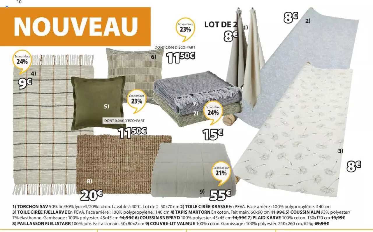 torchon sav, toile cirée krasse, toile cirée fjellarve, tapis martorn, coussin alm, coussin snepryd, plaid karve, paillasson fjellstarr, couvre-lit valmue