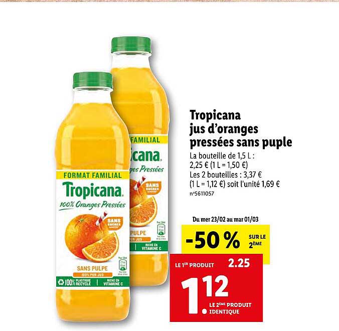 tropicana jus d'oranges pressées sans pulpe