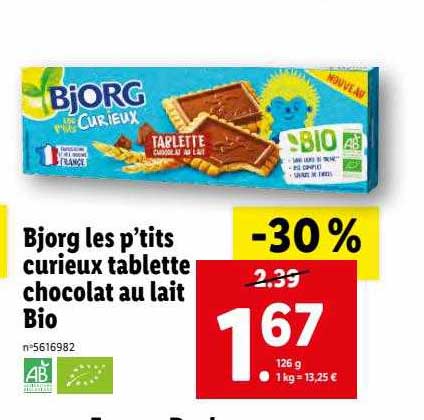 bjorg les p'tits curieux tablette chocolat au lait bio