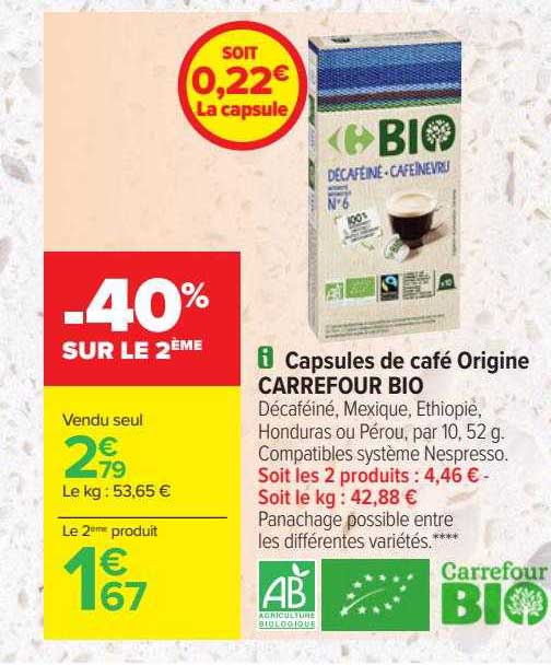 Capsules De Café Origine Carrefour Bio