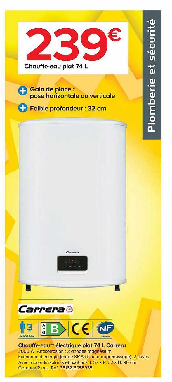 chauffe-eau électrique plat 74 l carrera