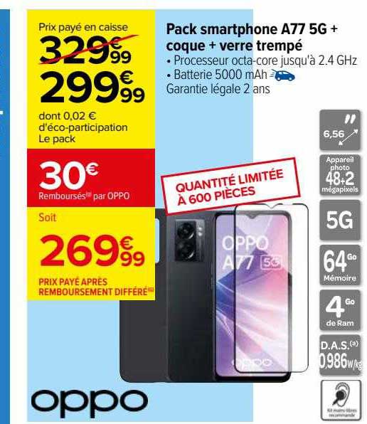 pack smartphone a77 5g + coque + verre trempé oppo