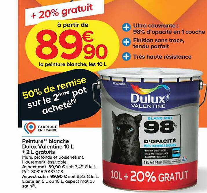 peinture blanche dulux valentine 10 l + 2 l gratuits