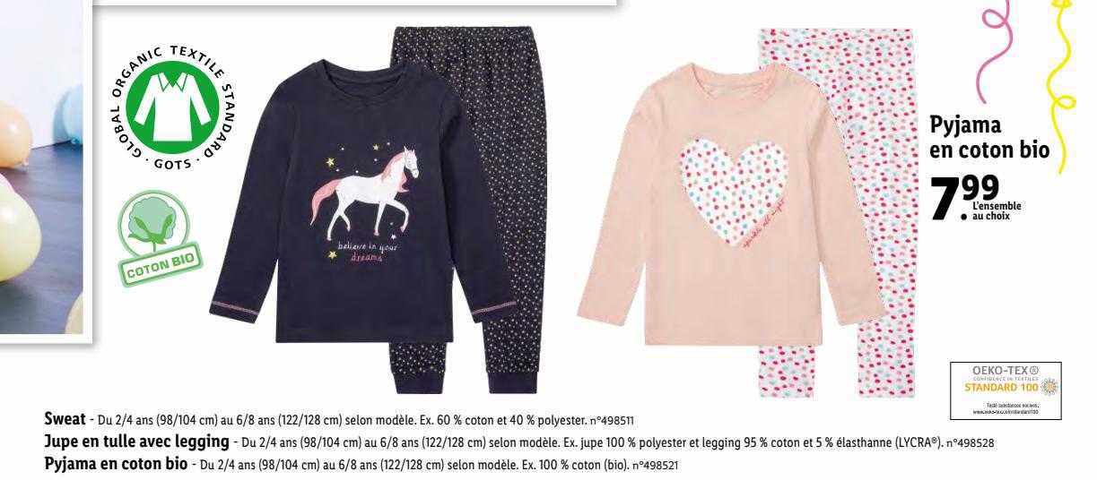 sweat, jupe en tulle avec legging, pyjama en coton bio