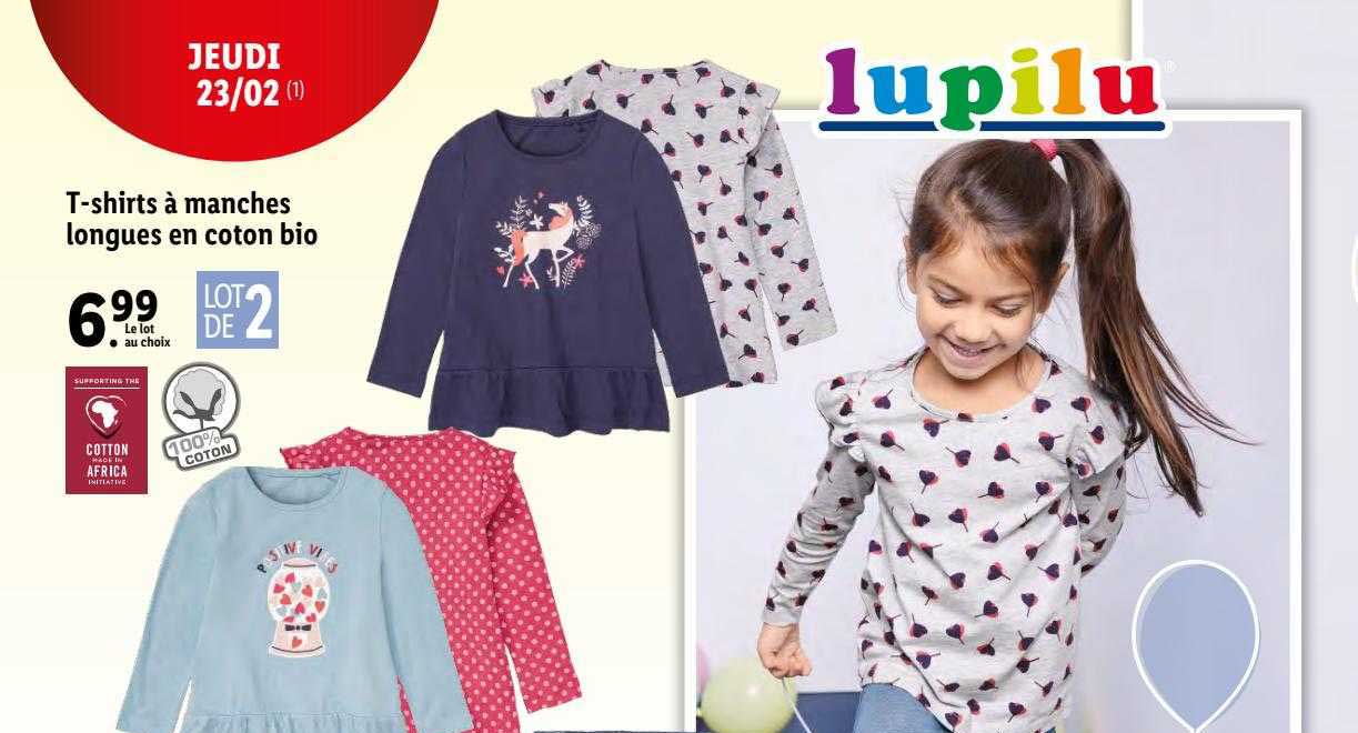 t-shirts à manches longues en coton bio lupilu