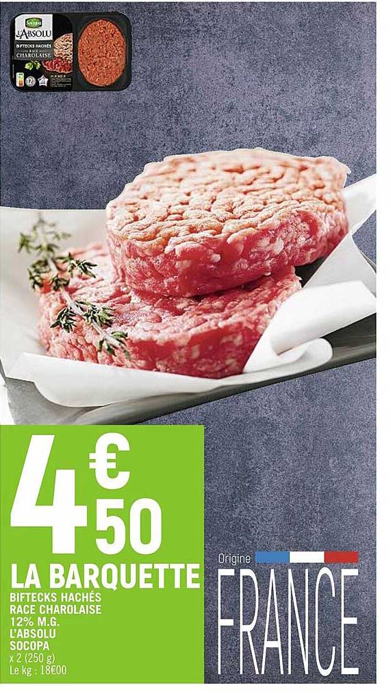 biftecks hachés race charolaise 12% m.g. l'absolu socopa