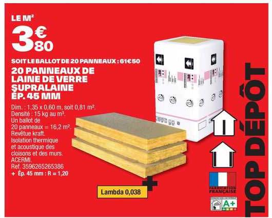 20 panneaux de laine de verre supralaine ép. 45 mm