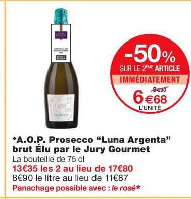 a.o.p. prosecco "luna argenta" brut élu par le jury gourmet