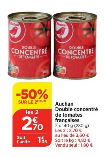 auchan double concentré de tomates françaises