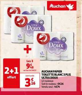 Auchan Papier Toilette Blanc 3 Plis Ultra Doux