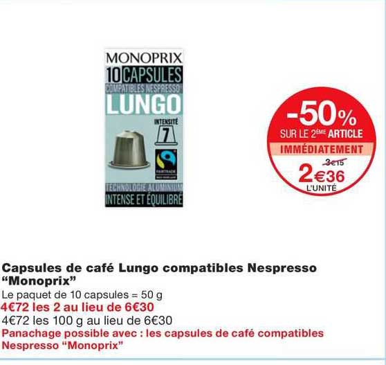 capsules de café lungo compatibles nespresso "monoprix"
