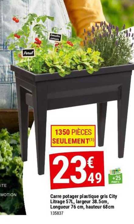 carré potager plastique gris city litrage 57l, largeur 38.5cm, longeur 76cm, hauteur 68cm
